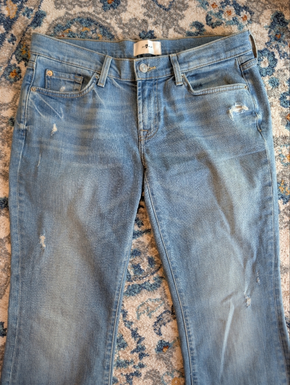 7 For All Mankind Light Blue Distressed Boot Cut Jeans Boho Casual